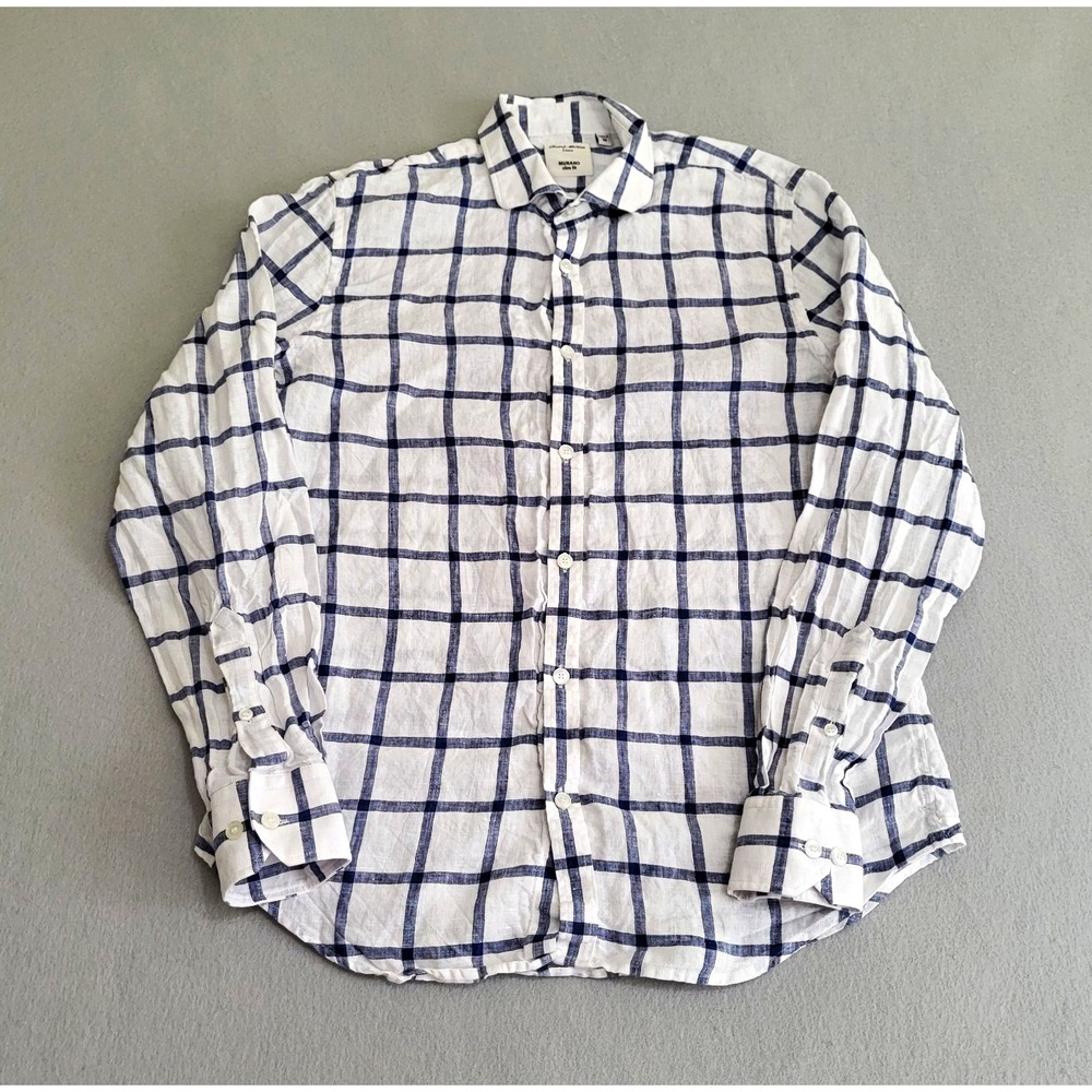 Murano Baird McNutt 100% Linen Long Sleeve Button Up Plaid Shirt Men's Size M